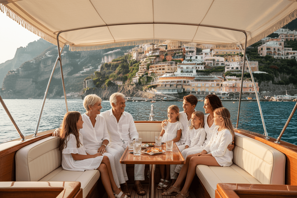 A multigenerational family relaxing on a private wooden boat along the Amalfi Coast, with Positano on the cliffs behind