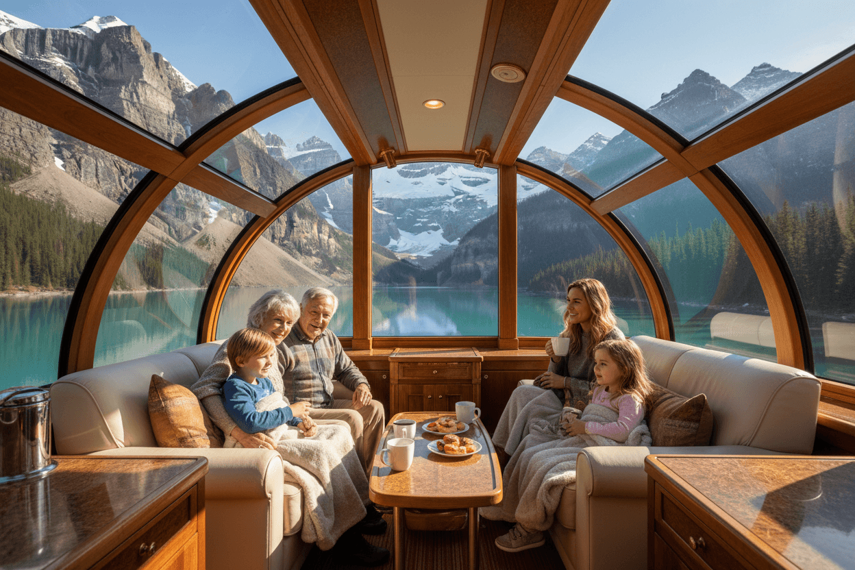 A family enjoying mountain and turquoise-lake views from the comfortable seats of a glass-domed panoramic train car in the Canadian Rockies