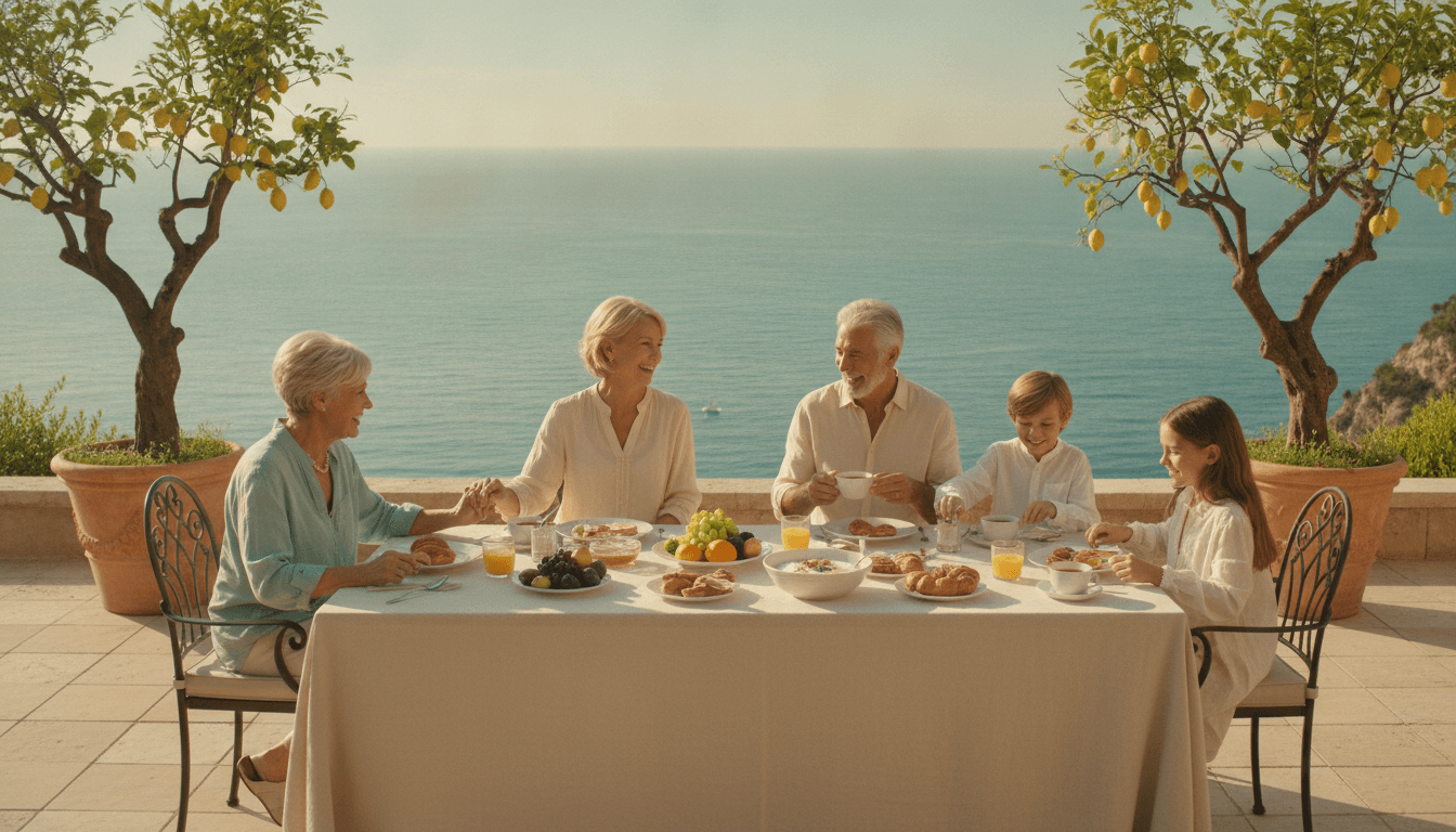 Grandparents, parents, and grandchildren sharing a relaxed breakfast on a sunlit Mediterranean cliffside terrace overlooking the sea
