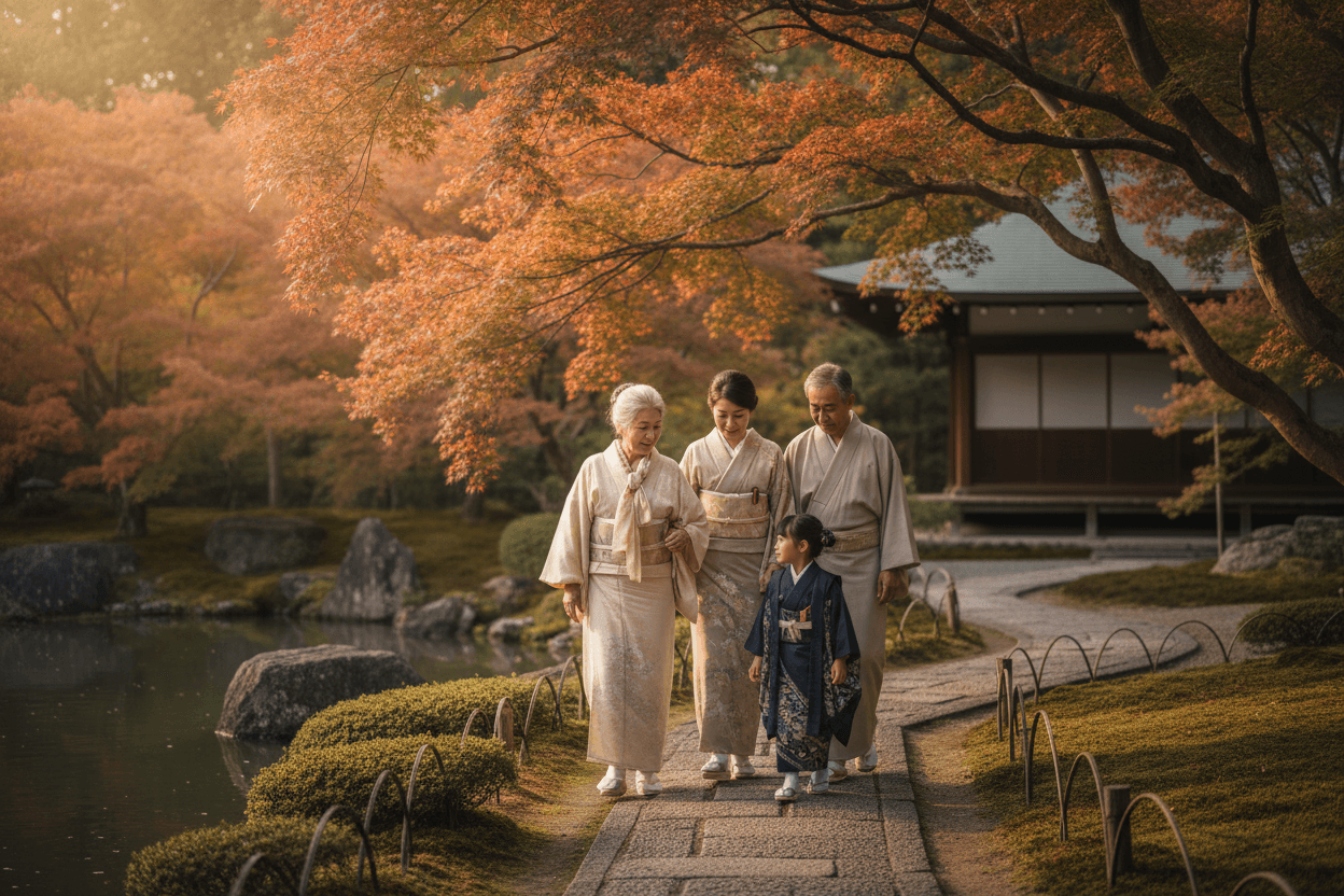 Three generations of a family walking slowly along a flat path through a tranquil Kyoto temple garden in autumn